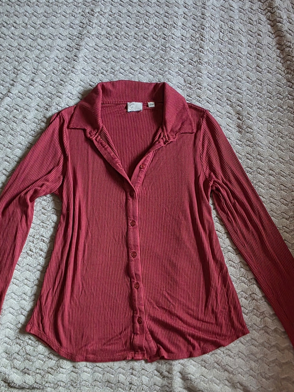 Anthropologie Long-Sleeve Ribbed Button-Up Top - Ruby Red